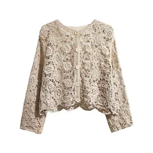 Small Shawl Cotton Cardigan female 2026 spring and summer o neck long sleeve solid casual Hollow Cardigan Female