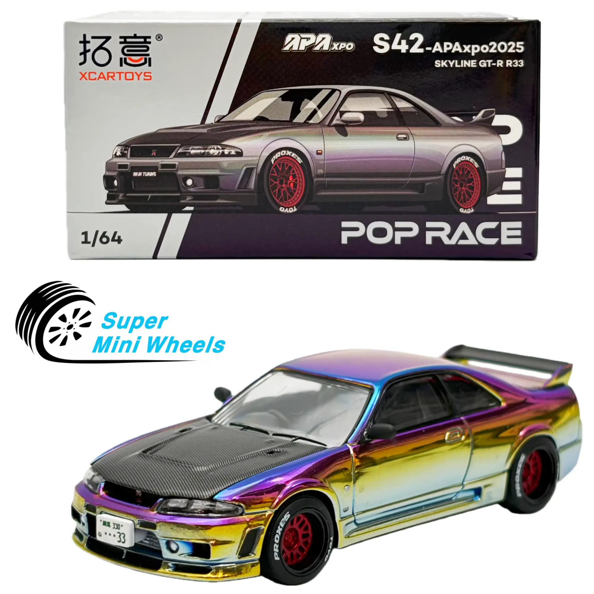 Pop Race 1:64 Nissan GT-R R33 Magic Chrome - APA Expo 2025 #356