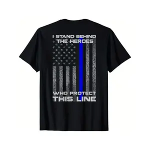 Cotton Short Sleeve  T-Shirt 1pc Men'S Thin Blue Line Flag Graphic T-Shirt, 100% Cotton Fabric, Crew Neck, Short Sleeve, Regular Fit, Weekend Casual Wear, All-Season Casual Wear, 180gsm - Ideal for Valentines New Year'S Day Father'S Day Christmas