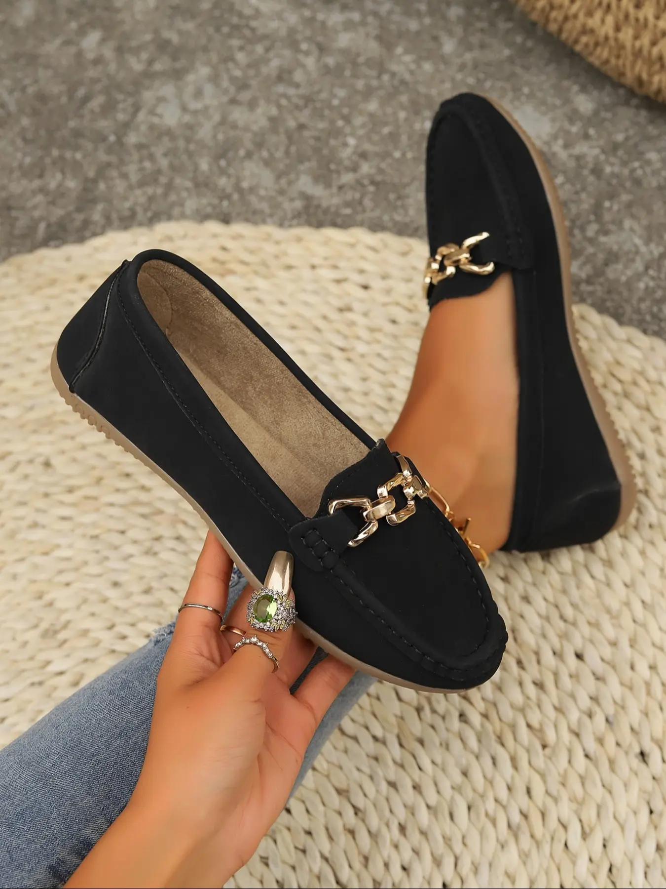 Women's Casual Slip-On Loafers, Lightweight PU Leather Round Toe Flats, Fashionable Flats, Comfortable All-Season Daily Wear Shoes, Elegant Patchwork Design, Fall Casual Shoes