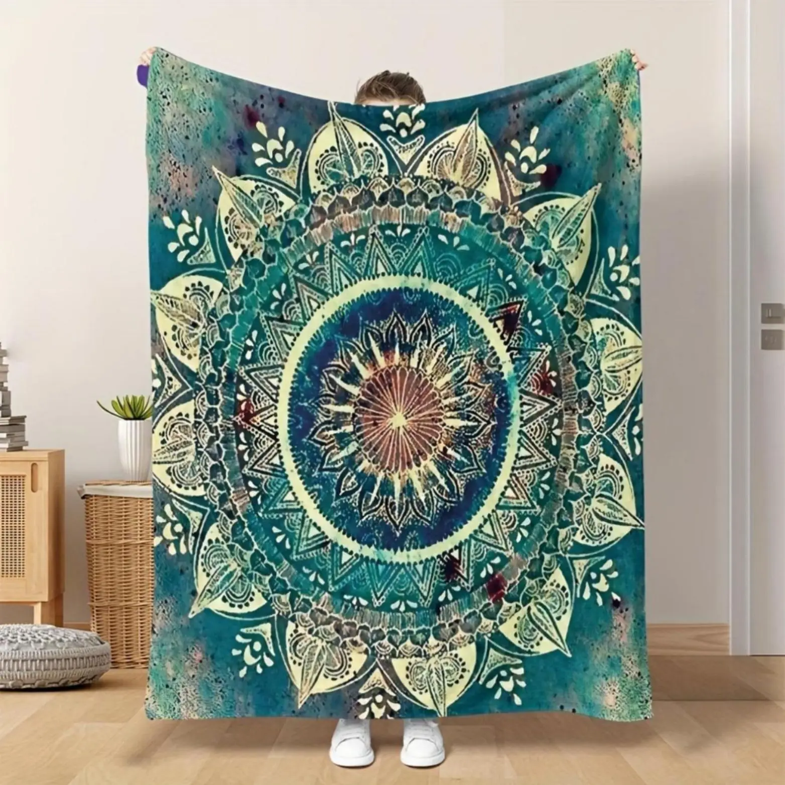 Bohemian Mandala Fleece Throw Blanket - Soft, Breathable, Durable 80x60inch Funny Blanket with Vibrant Blue, Green, Yellow Patterns for Family, Couch, All-Season Napping & Bedding (Summerwins)