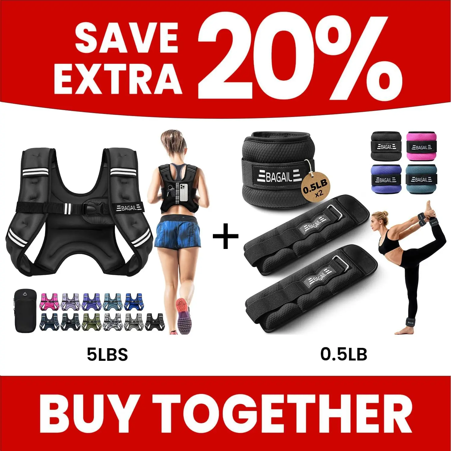 BAGAIL Weighted Vest - 5Lb + BAGAIL Ankle Weights for Women Men - 1 Lb