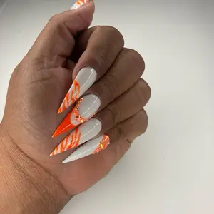 Cest La Vi Earned my Stripes Press on Nails - White & Orange Design, 12 Piece
