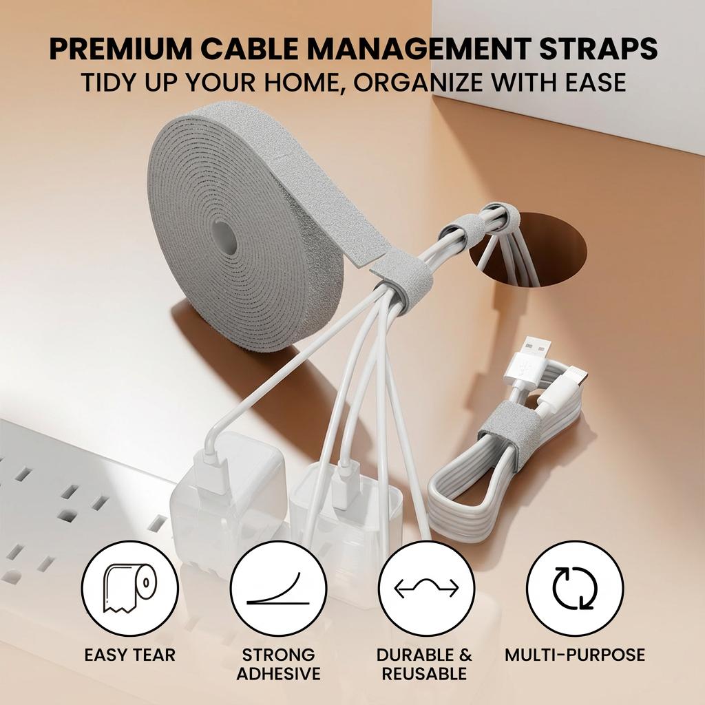 5M*2 Adjustable Magic Cable Ties with Velcro Strap & Hook Loop Fasteners for Efficient Cable Management & Organization #SmartOrganization #CleanSpace