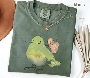 Cute Bird with Flower T-Shirt, Comfort Colors Vintage Nature Lover Graphic Tee, Spring Aesthetic Shirt for Women Men, Soft Floral Bird Gift Shirt