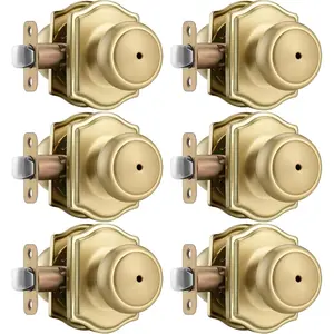 6 Pack Gold Door Knobs with Camelot Trim, Interior Door Knob with Lock, Coastal Privacy Door Knob for Bath and Bedroom, Satin Brass