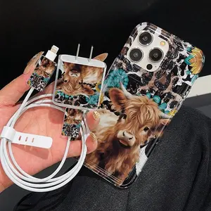 Fashion Cow Pattern Phone Case with Charger Saver & Cable Protector & Storage Rope, Anti-drop Durable Cellphone Protective Shockproof Cases, Total Protective Mobile Phone Cover for iPhone 17 16 15 14 13 12 11 X XS XR Pro Max Plus Air, Protection