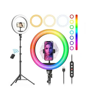 12" RGB Ring Light with 65" Tripod & Phone Holder, USB-Powered & Selfie Bluetooth Remote, 10 Dimming Levels & Multiple Colors for Recording/Streaming/Makeup/Vlog, Works with All Phones