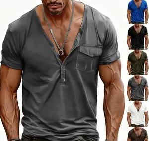 Men's Vintage Pocket Henley Shirt, Deep V-Neck 3-Button Short Sleeve T-shirt, Relaxed Fit Casual Tee