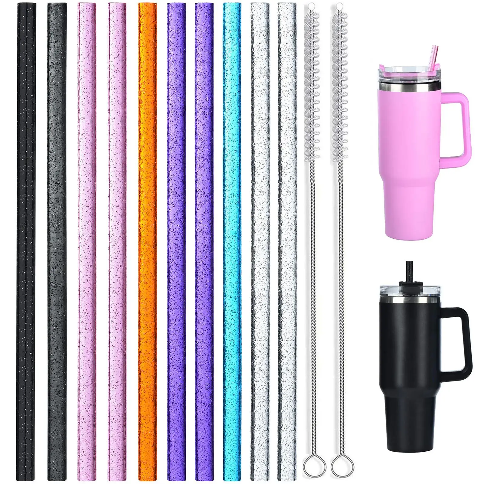 Glitter Water Bottle Straws Set, Including 12pcs Straw & 2counts Cleaning Brush, Reusable Drinking Straw for Stanley Cup & Half Gallon Jug, Summer for