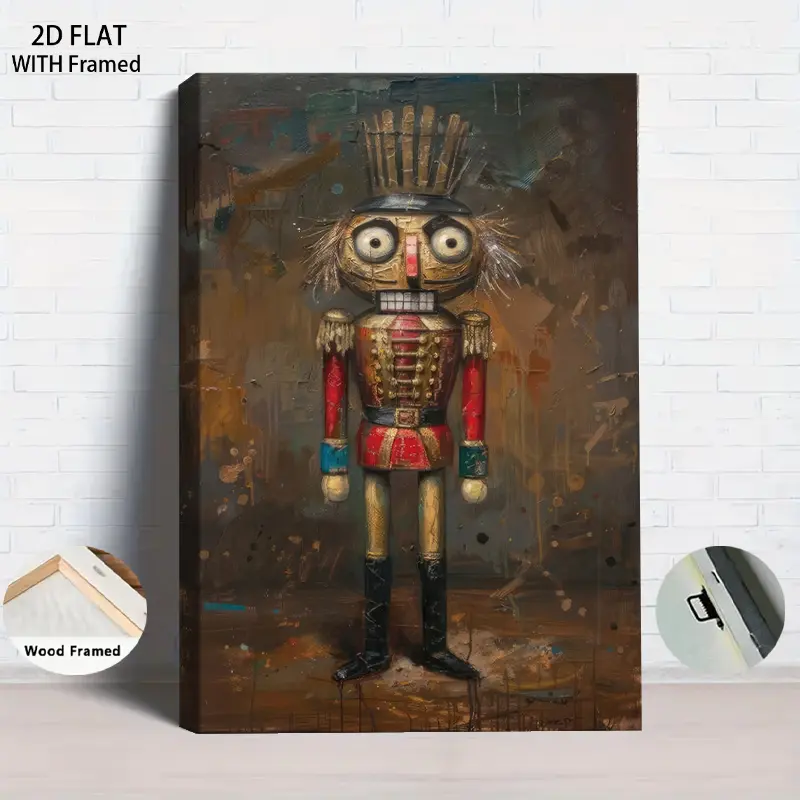 1Pcs Wood Framed Vintage Nutcracker Decorative Painting Canvas Oil Painting with Solid Wood Frame Modern Minimalist Home Decor Cartoon Soldier Art Hanging Picture Living Room Bedroom Study Wall Decorati