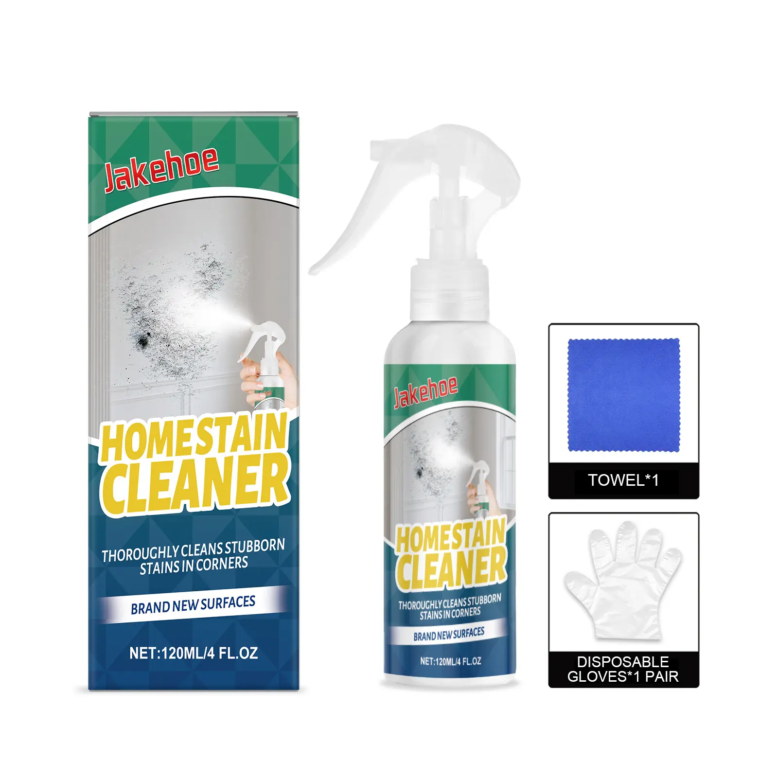 Jakehoe Homestain Cleaner 120ML All-Purpose Stain Remover for Kitchens Bathrooms & Offices Effortless Time-Saving Deep Cleaning with Towel & Gloves