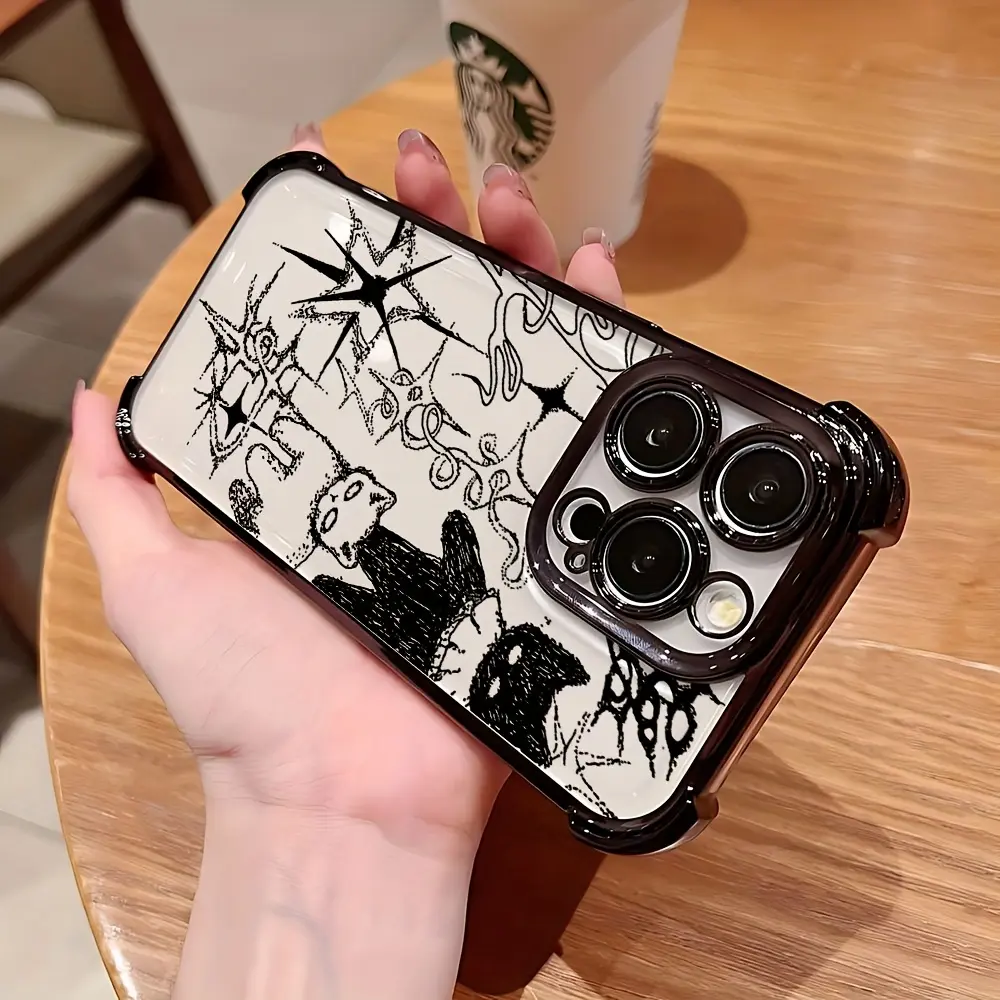 Black Art Cat Smartphone Case for iPhone 16/15/14/13/12/11 Pro Max, X, XR, XS MAX, 8/7 Plus - Handheld Devices Accessories, Shockproof Transparent TPU Soft Shell Protective Cover, Protection