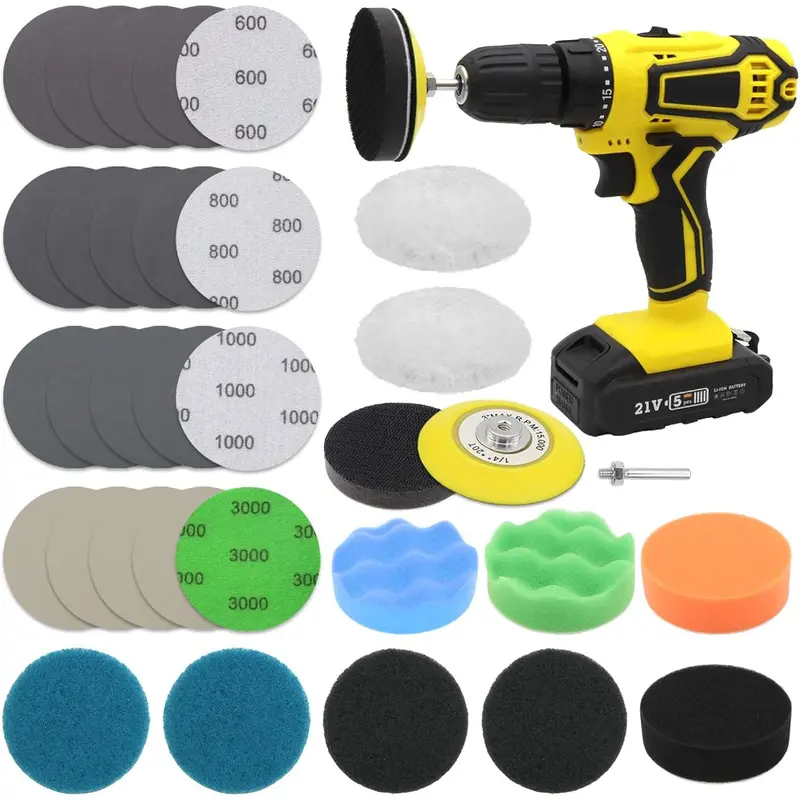 Headlight Restoration Kit, 3 Inch  Polishing Sanding Discs with 1/4 Inch Shank Backing Pad, Scouring Pads, Buffing Sponge Pads, Soft Interface Pad, Woolen Buffer Pads, 32 count