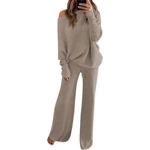 Womens Knitted Outfits 2 Pieces Sweatsuit Off the Shoulder Sweater Wide Leg Pant Set