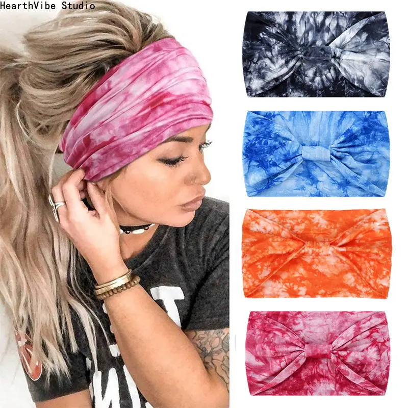 4-Pack Athletic Headbands for Men & Women, Sweat-Absorbing Workout Hairband with Hand-Dyed Geometric Pattern, Elastic Cotton-Polyester for Yoga, Athletic Head Wrap, Sweat Absorbing Headband, Elastic Fashion Headbands