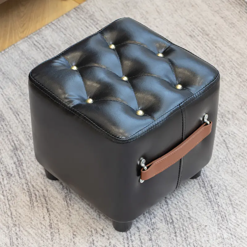 Indoor & Outdoor Footrest Stool Hallway Bench for Changing Shoes Single Pedal Stool for Living Room Sturdy Square Sofa Stool with Handle Black Leather Tufted Design