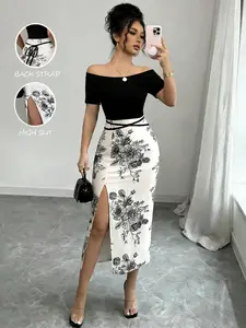 Women's Floral Print Off-Shoulder Side Slit Midi Dress