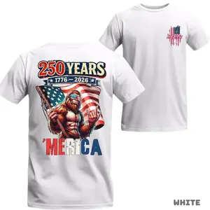 250 Years of 'Merica 1776–2026 Shirt, Funny Bigfoot Patriotic Graphic Tee, American Flag Sasquatch T-Shirt, USA 250th Anniversary Apparel, Independence Day Celebration Shirt, Vintage Freedom Tee, Trendy Graphic Print, Round Neck, Machine Washable