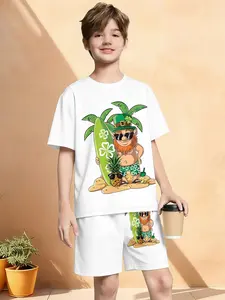 Kids St. Patrick's Day Short Set - Surfing Leprechaun & Beach Print Short Sleeve T-Shirt and Shorts Outfit (White)