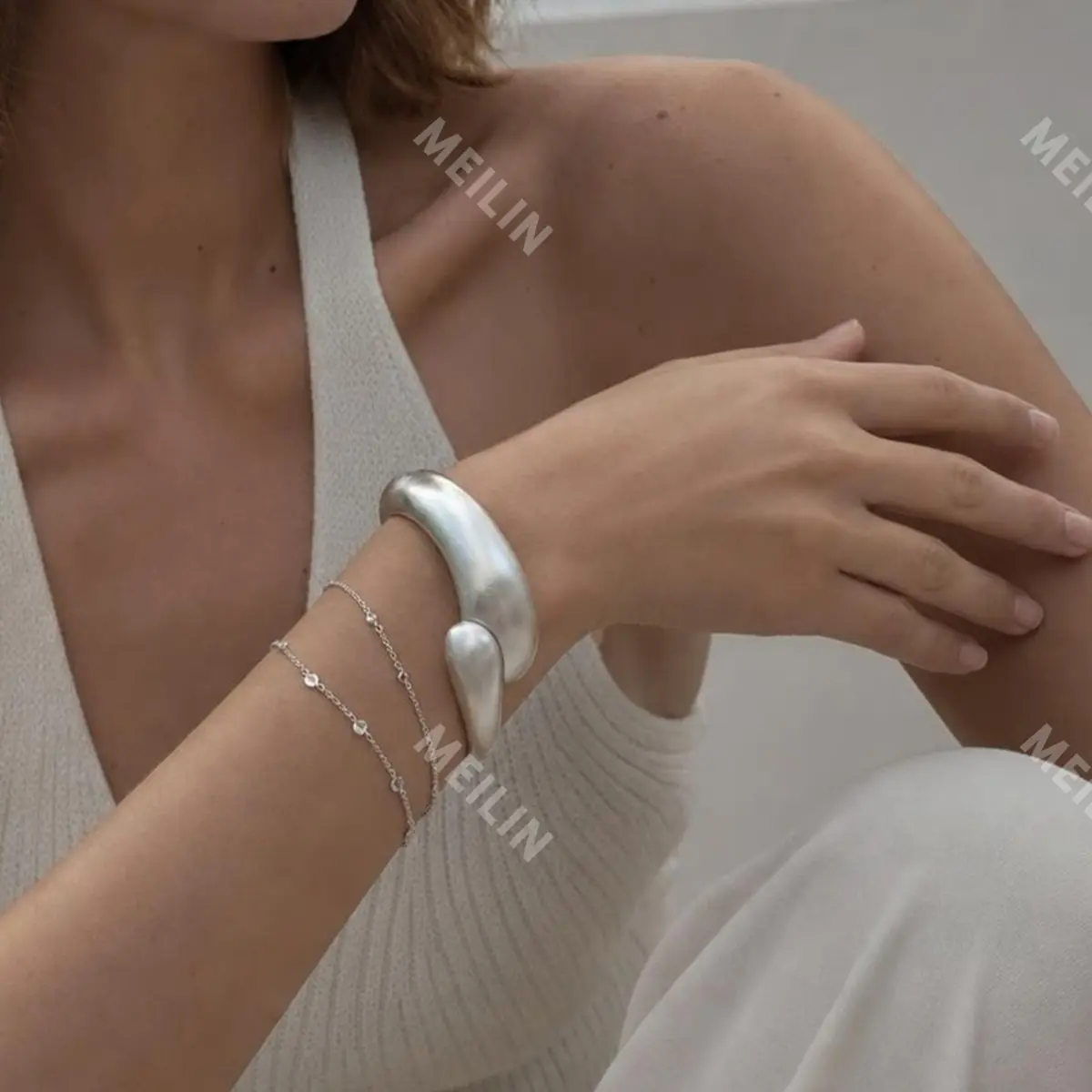 Asymmetric Silver Bangle Bracelet