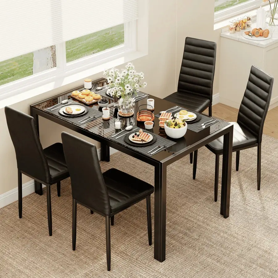 [2 Packages Shipping] Modern 5-Piece Dining Table Set with Chairs - PU Leather Chairs Included - Indoor Furniture for Home, Apartment, Studio Apartment, Furniture For Apartment