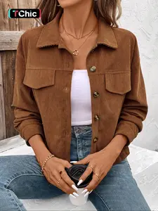 Women's Corduroy Jacket, Elegant Casual Fashionable Light Weight Long Sleeve Collared Button Front Outerwear Coats for All Seasons, Women's Top for Daily Wear