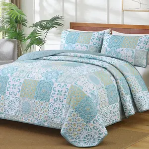 Patchwork Quilt Set  Size, Aqua Blue Boho Summer Bedspreads Coverlet Set, 3 count Soft Lightweight Microfiber Quilt Bedding Set for All Seasons 110"x90"