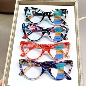 4 pairs of retro patterned cat-eye large-frame reading glasses, multi-focus reading glasses, suitable for women -PC frame and resin lenses, 0 to +4.0 magnification, durable and long-lasting