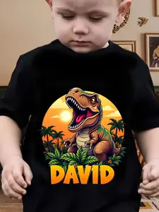 Boys Custom Name T-Rex Sunset T-Shirt, Kids Personalized Dinosaur Graphic Tee