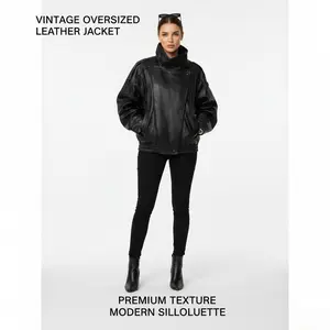 Faux Leather Stand Collar Oversized Moto Jacket, Elastic Hem Streetwear, Casual Long Sleeve Water- and Wind-Resistant Outerwear for Spring & Fall, Ladies Clothes for Daily Wear, Chic Outerwear