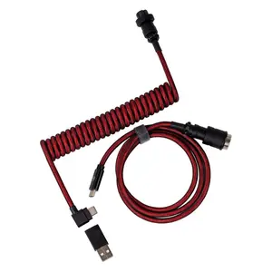 Coiled USB-C Angled Red , 5-Pin GX16 Detachable Metal Connector, USB-A Adapter, Double-Sleeved Design, for Mechanical Keyboards,  and Data Sync