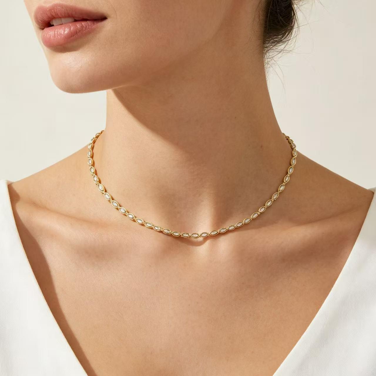 QUEENDO Marquise Cut Tennis Choker Necklace - Tarnish Resistant Polished Metal, Continuous Bezel-Set Marquise Stones, Dainty Minimalist Collarbone Chain, Everyday Layering Neck Jewelry, Affordable Luxury Style, adjustable link bracelet, daily jewelry gift