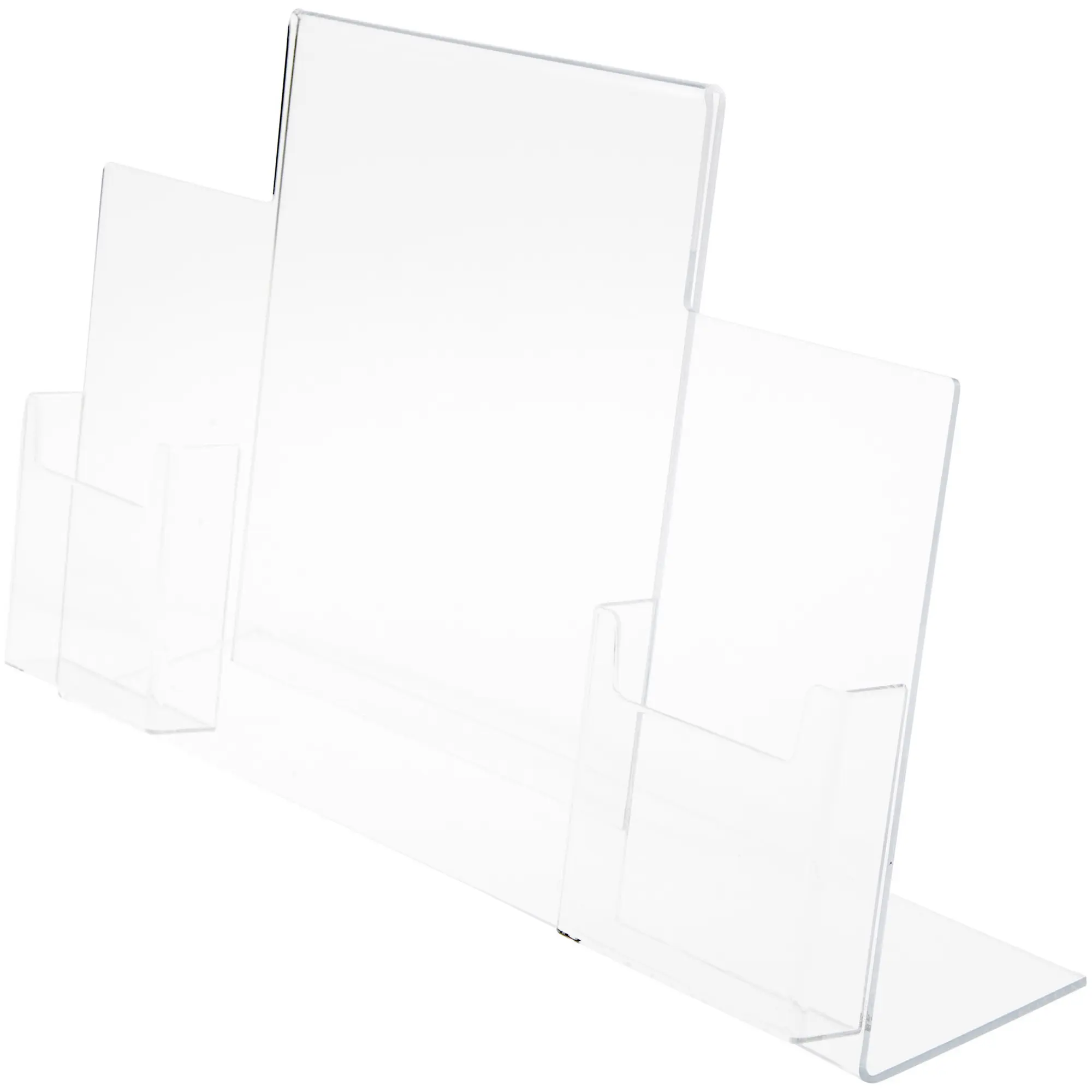 Plymor Clear Acrylic Slanted-Back Countertop Sign Holder with Tri-Fold Brochure Pocket on Right & Left, 11" H x 13" W x 5" D