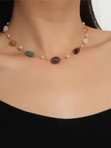 Colorful Natural Stone Beaded Necklace, Forest Style Luxe Look, Multi-Color Gemstone Patchwork, Fine Chain Accent, Perfect for Vacation/commute/aesthetic Girl