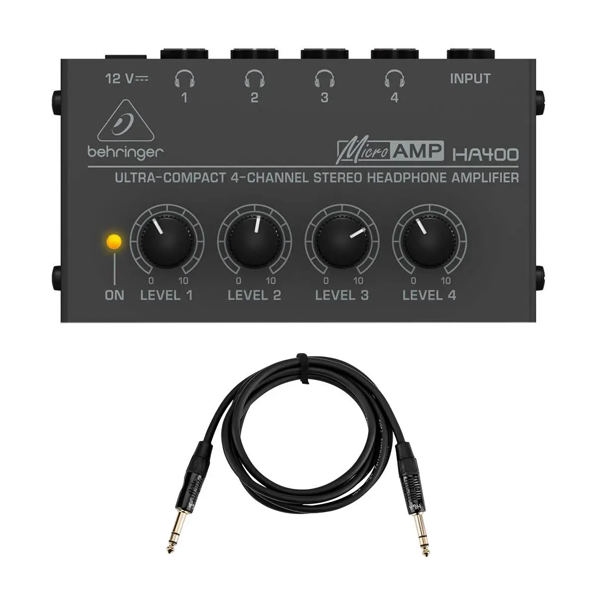 Behringer HA-400 4-Channel Ultra-Compact Stereo Headphone Amplifier, Bundle with Platinum Pro TRS 6' 1/4" Male to 1/4" TRS Male Interconnect Cable