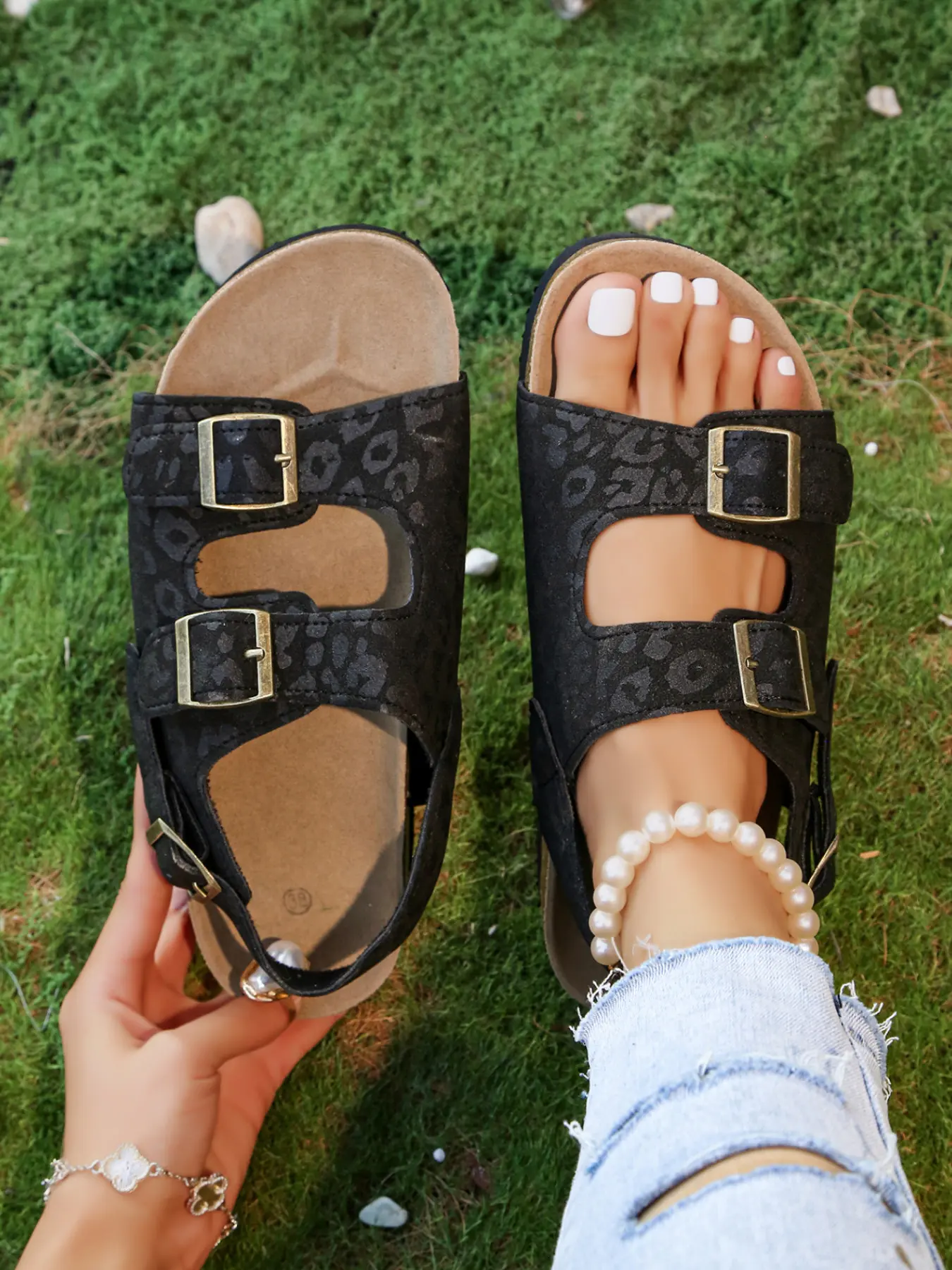 Women's Leopard Print Cork Footbed Sandals, Stylish Plus Size 35-43 Adjustable Buckle Slides for Summer Beach Vacation & Daily Casual Wear, Footwear-