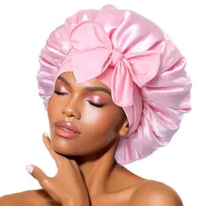 Women’s Wide‑Brim High‑Stretch Satin Night Bonnet with Bow Streamer, Soft Smooth Round Hair Care Cap, Luxurious Breathable Headwear, Multi‑Purpose Accessory for Night Sleeping, Beauty Salon Use and Daily Hair Protection