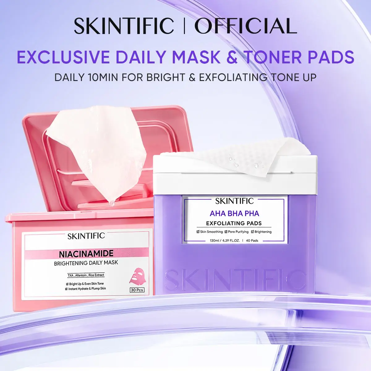 [New Launch] SKINTIFIC Glow & Smooth Combo - Niacinamide Brightening Daily Mask +AHA BHA PHA Exfoliating Pads Exfoliate, brighten, and hydrate in just 2 steps