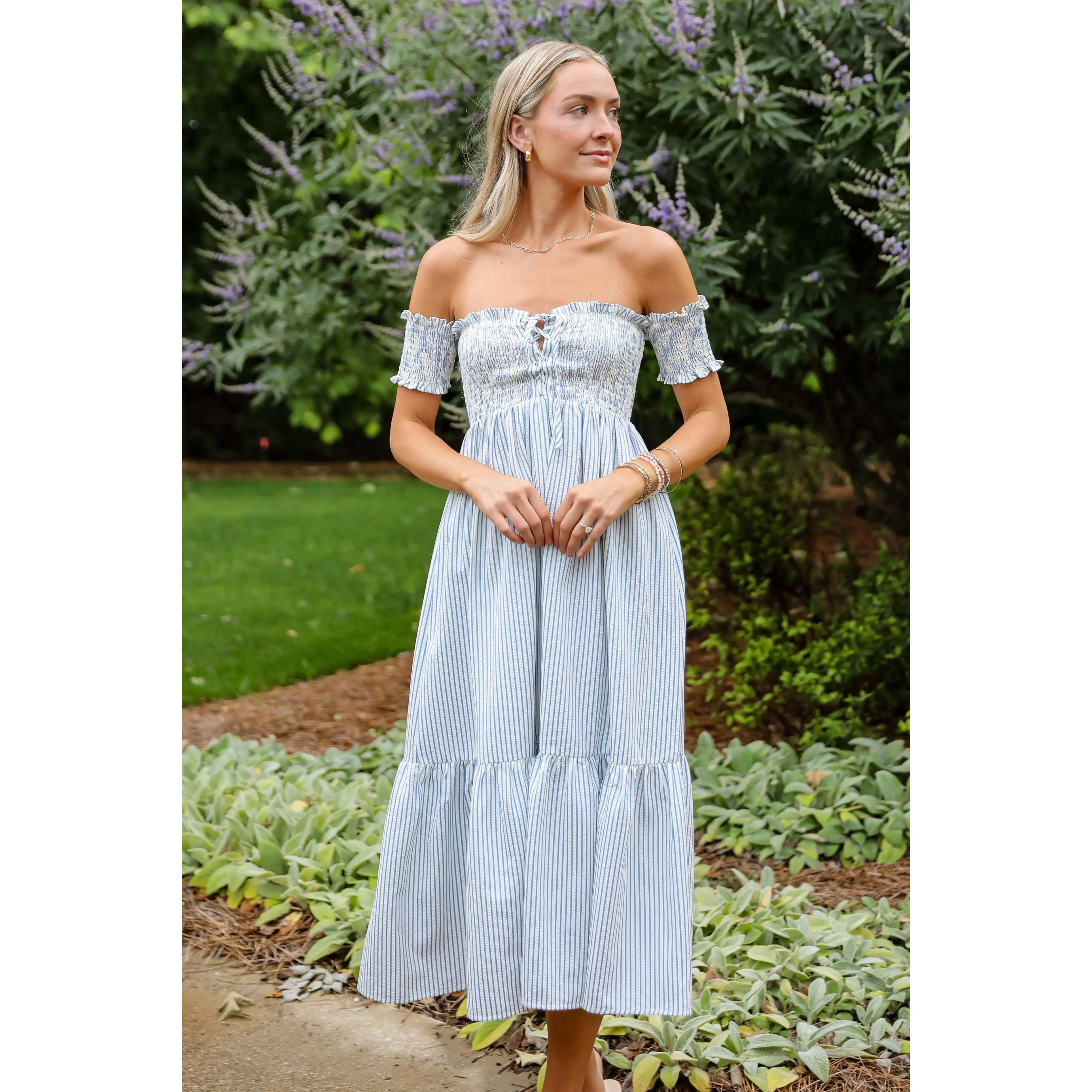 Say It Proud Blue Striped Smocked Midi Dress