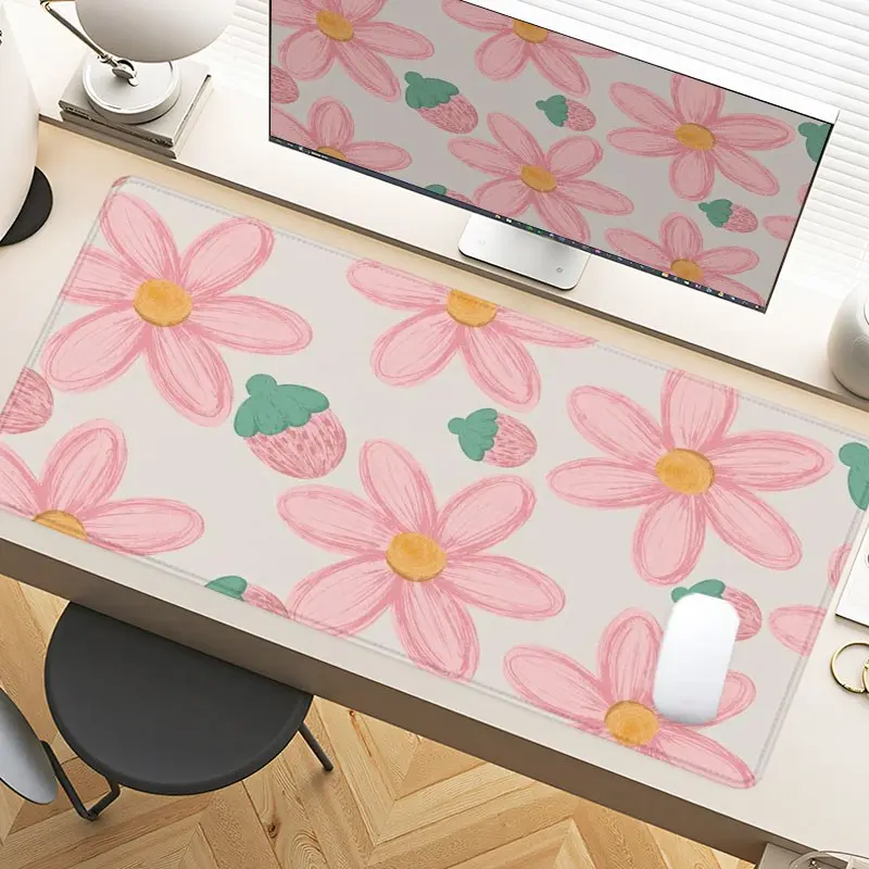 Pink Floral Strawberry Desk Pad Gaming Mousepad XXL Mouse Pad For Laptop Desk Mouse Pad Extra Large With Non-Slip Rubber Base Stitched Edges Surface For PC Gamers Office Workers & Home Use As Valentine Mother’s Day Gift Cute Desk Accessories