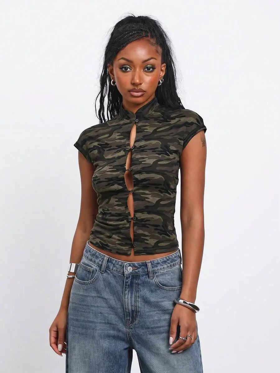 CANDYS Cap Sleeve Cut Out Camo Jersey Top , Y2K Autumn Autumn For Women Going Out Autumn Top Going Out Top For Women