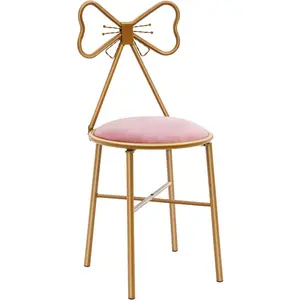 Modern Vanity Chair Stool, Cute Makeup Chair w/Butterfly Backrest and Pink Flannel Cushion, Girl's Stool Chair Ottoman Bench Metal Bench Legs Gold Dining Chair for Kitchen Bedroom Living Room