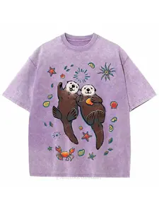 Water-Washed, Ocean Play Sea Otter Printed T-Shirt, High-Quality Wax-Dyed Vintage Fashion Brand T-Shirt, Women'S Summer Wear, Perfect Gift for Mother'S Day, Father'S Day, And Easter, Easter, Music Festival, Mother's Day Gifts