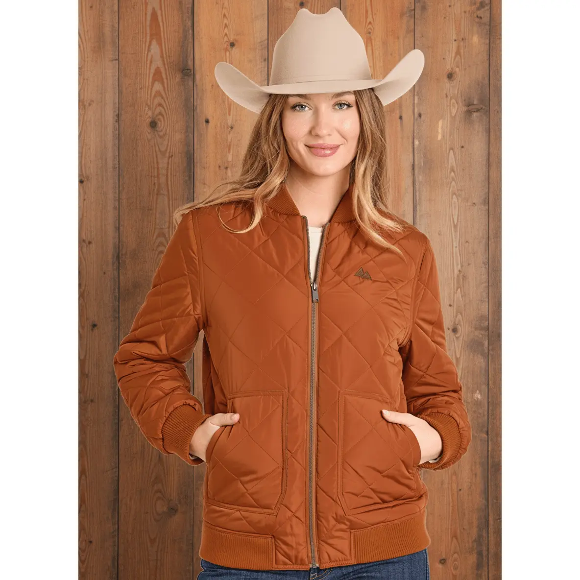 Women's Quilted Bomber Jacket, Casual Western Style Lightweight Zip-Up Everyday Coat in Rust Orange, Slim Fit with Ribbed Trim, Coats, Piece, Longsleeves, Lightweight, Insulated Material, Cool-Weather Outings, Tops, Pockets, Long Sleeve, Fitted, Insulated