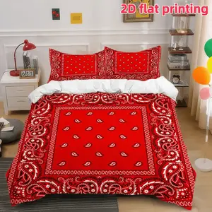 2D Flat 3Pcs Red Paisley Bandana Print Duvet Cover, Stylish Comforter with 2 Pillowcases (No Filling), Soft Bedding for Bedroom Decor, Dormitory Room, Home