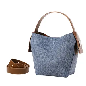 LA FESTIN Leather Bucket Bags for Women - Adjustable Long Strap Designer Crossbody Handbags Shoulder Purse for Everyday Use (Denim Blue and Brown)