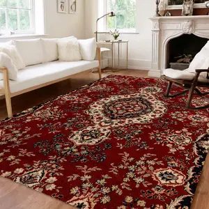 Vintage Persian Style Red Rug, Non-slip Washable Area Rug, Soft Non Shedding Carpet, Bohemian Style Rugs, Decorative Rugs for Home Living Room Bedroom Kitchen Bathroom Entrance