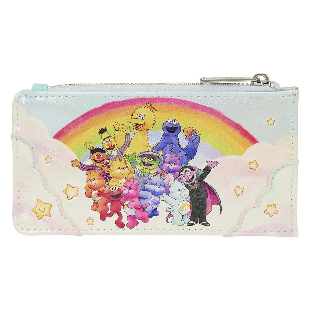 Loungefly Care Bears x Sesame Street Crossover Wallet, Large Card Holder in Iridescent Faux Leather with Applique & Glitter, Wallet Card Holder, Zipper Leather Wallet