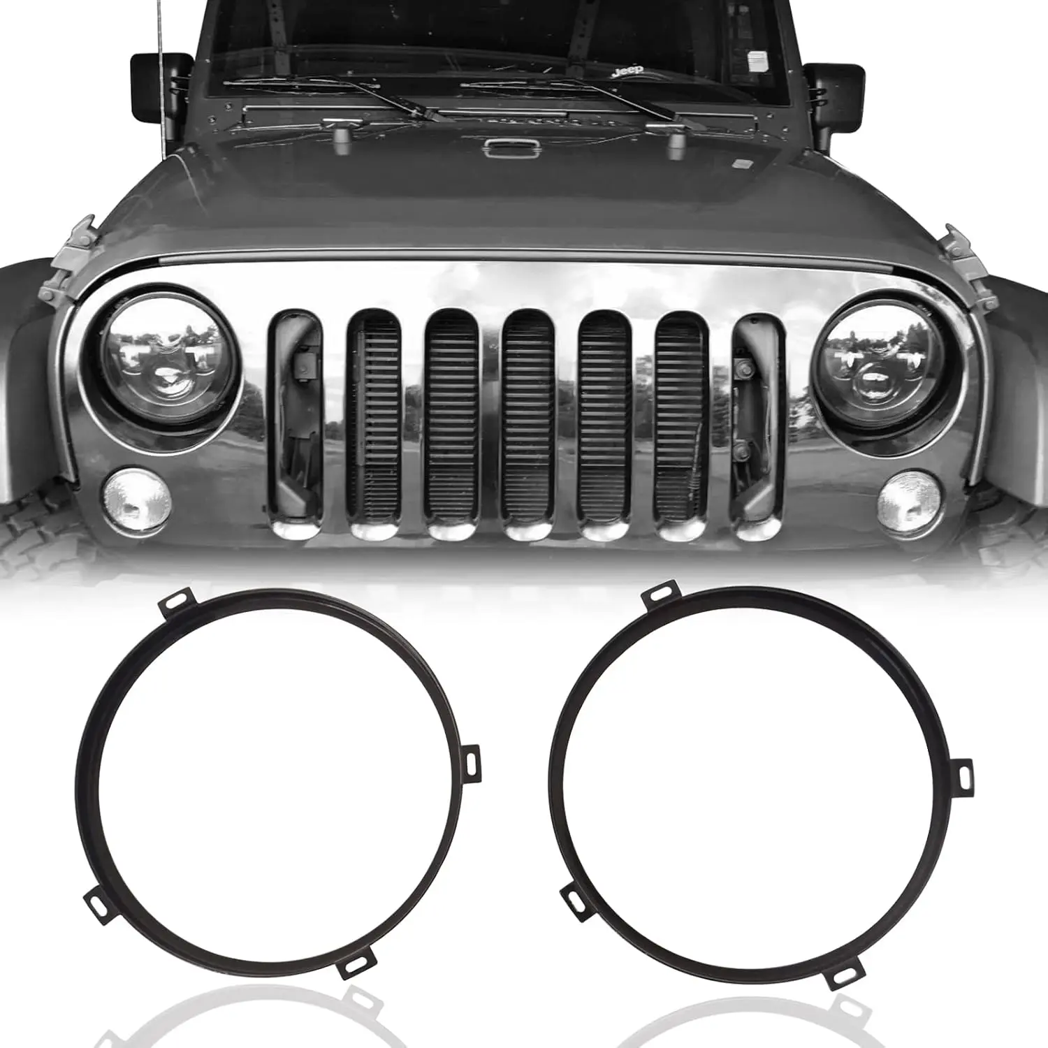 7in Round Steel Headlight Mounting Bracket, Black Ring, Lightweight with Firm Fixation, Compatible with 2007-2018 Jeep JK & Wrangler Unlimited, 7 In